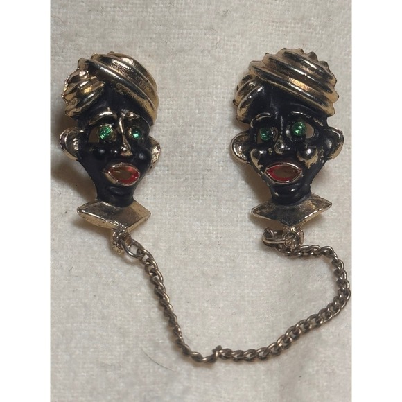 Jewelry - VTG Blackamoor Head Figure 1" Pin Brooch Pair Green Eyes Sweater Clips